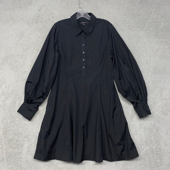 Madewell Dress 8 Black Seamed Long Sleeve Mini Poplin Shirtdress Pockets NV025 - Picture 5 of 13